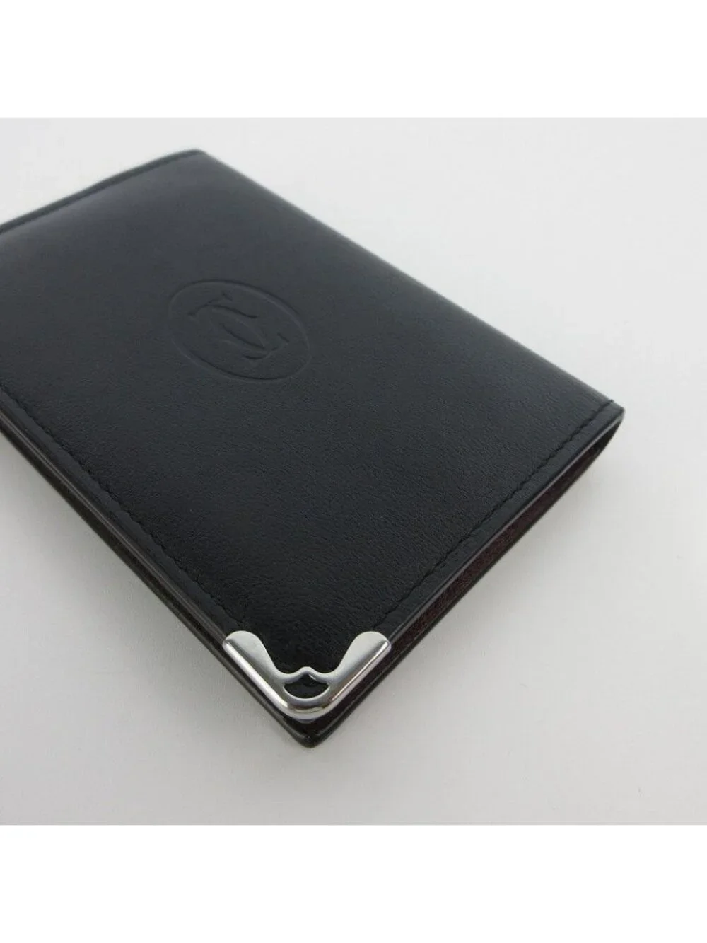 Cartier Must Calfskin Leather Card Slot Business Black Silver